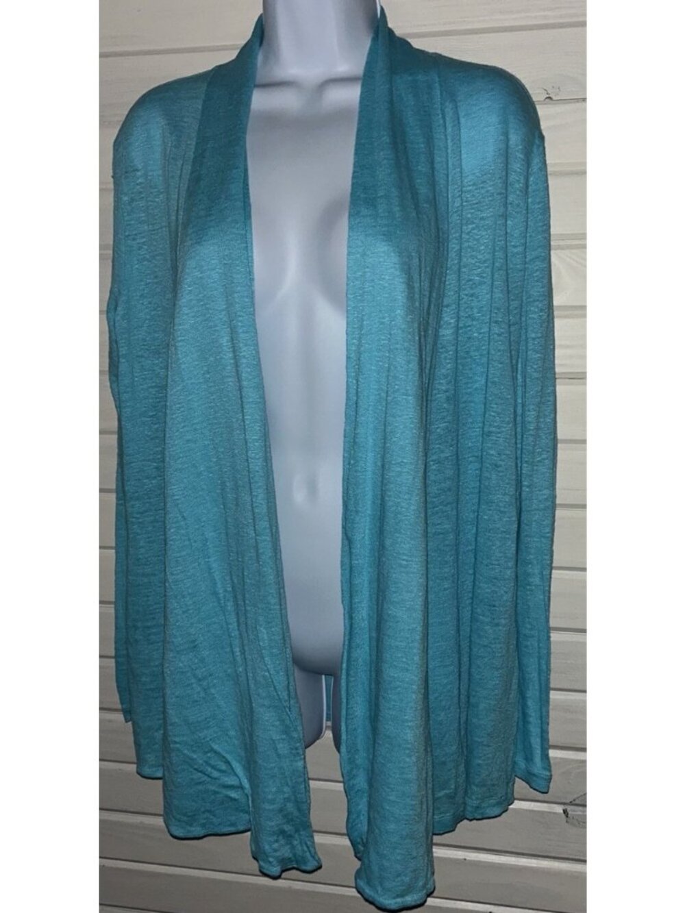J Jill Love Linen Sz MEDIUM Cardigan Open Front Turquoise Blue L/S Draped EUC
